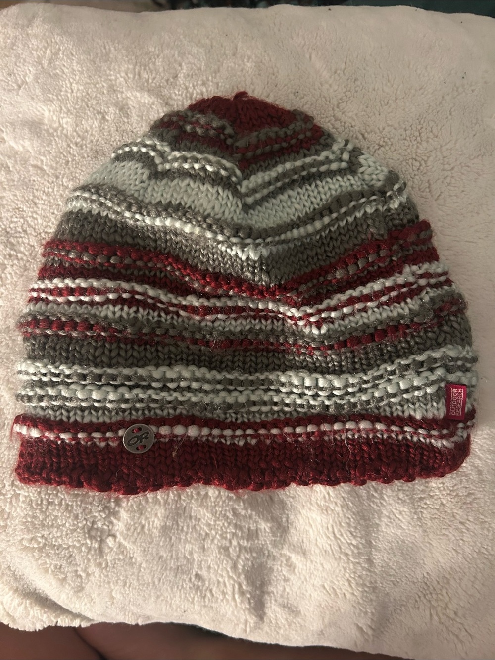 Striped Knit Beanie - Red, Gray & White -
